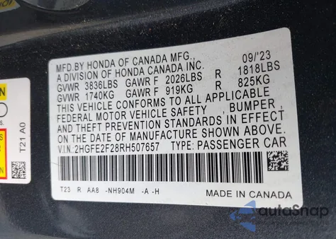 2024 Honda Civic Lx z USA, uszkodzony, nr VIN 2HGFE2F28RH507657